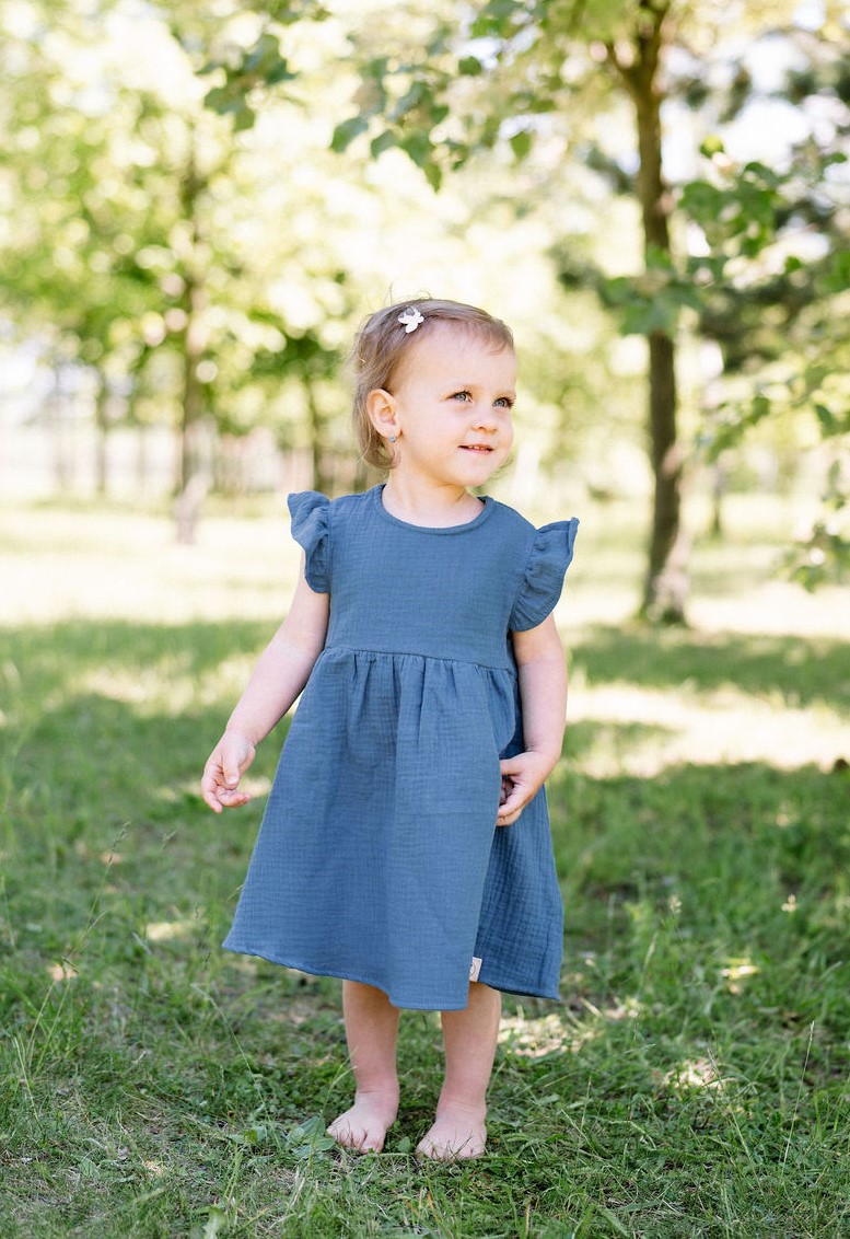 Mušelínové dětské šaty - OCELOVĚ MODRÁ