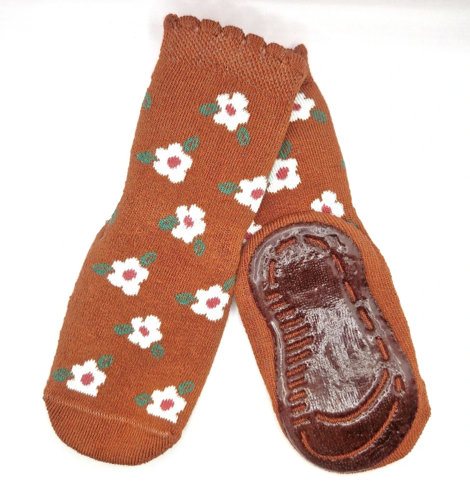 Protiskluzové dětské ponožky - HNĚDÁ S KYTIČKAMI