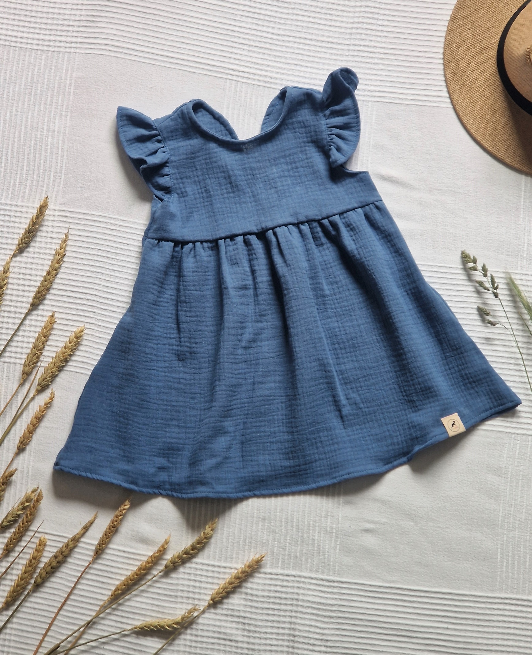 Mušelínové dětské šaty - OCELOVĚ MODRÁ