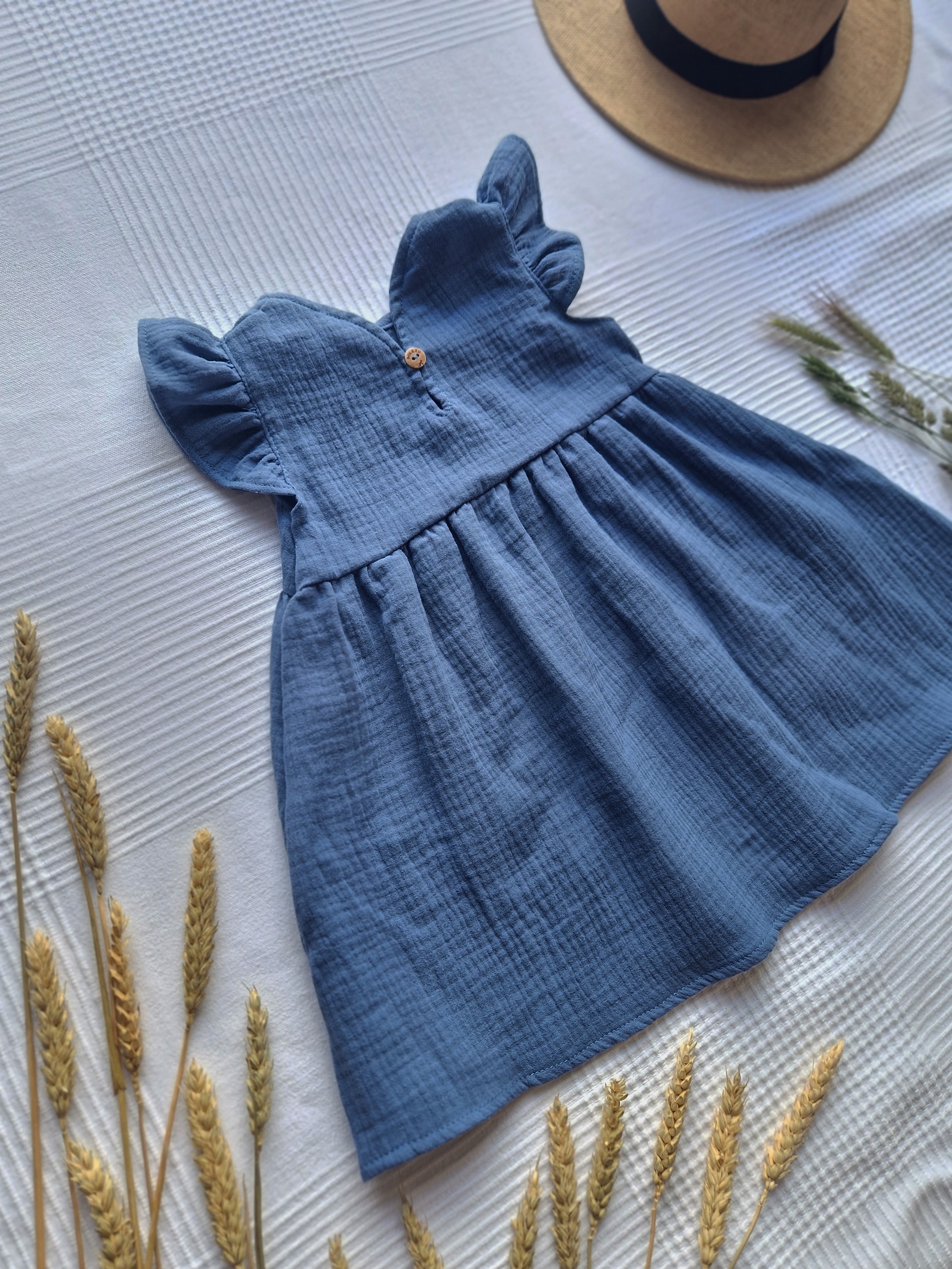 Mušelínové dětské šaty - OCELOVĚ MODRÁ