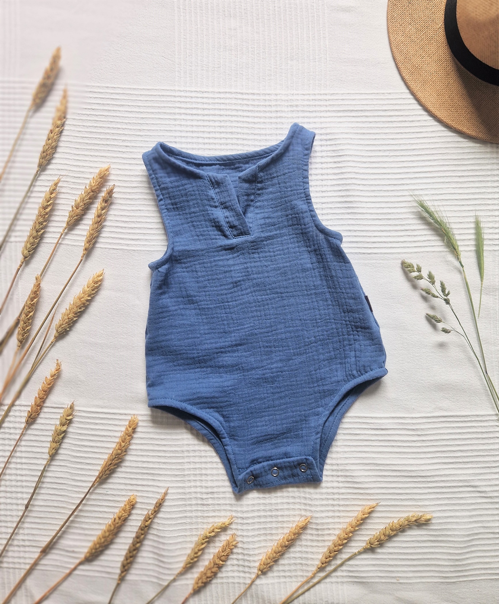 Mušelínové dětské body - OCELOVĚ MODRÁ