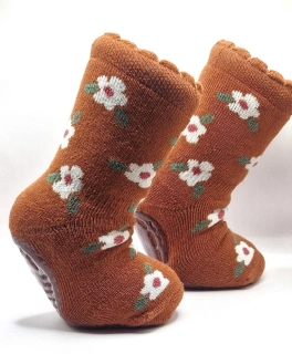 Protiskluzové dětské ponožky - HNĚDÁ S KYTIČKAMI